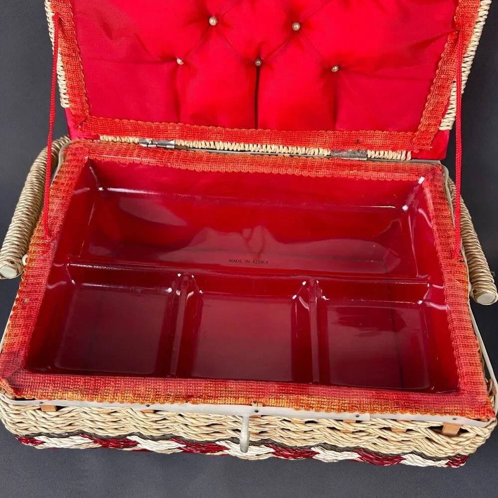 Charming Vintage Cream + Red Wicker Sewing Box 11